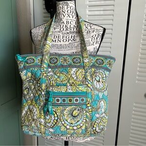 Vera Bradley Green Blue Paisley Floral Print Quilted Shoulder Bag Tote Bohemian